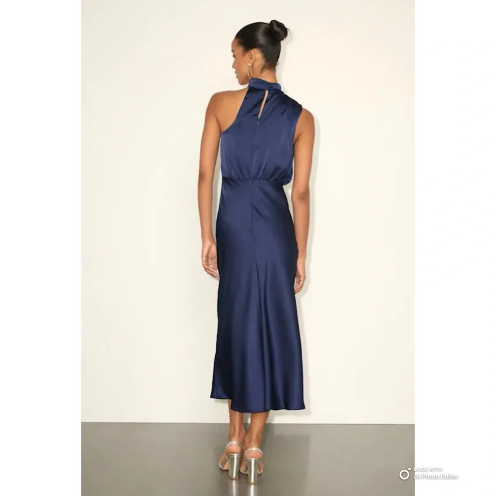 Lulus Medium Distinctive Charm Navy Blue Satin Asymmetrical Midi Dress NWT - Picture 6 of 17